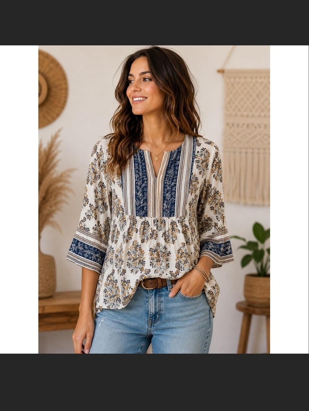 Lucky Brand Cream Floral Peasant Tunic with Navy Trim